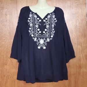 Talbots Embroidered Peasant Blouse XL Blue White Boho Cottagecore 3/4 Sleeve